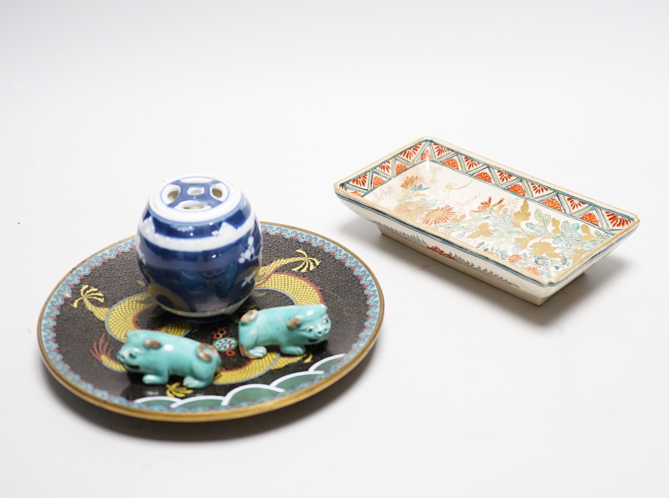 A Chinese cloisonné enamel ‘dragon’ dish, a Japanese Satsuma tray and other items